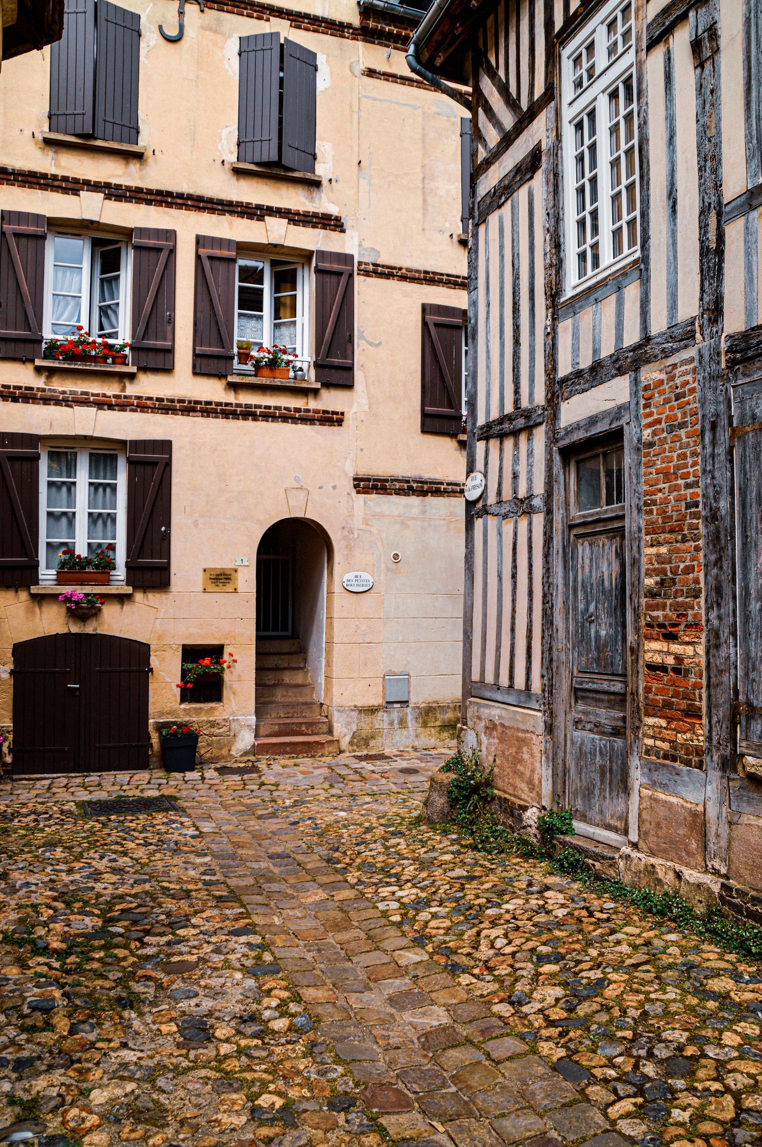 Autumn leaves scattered on cobblestone courtyard surrounded by historic half-timbered buildings.