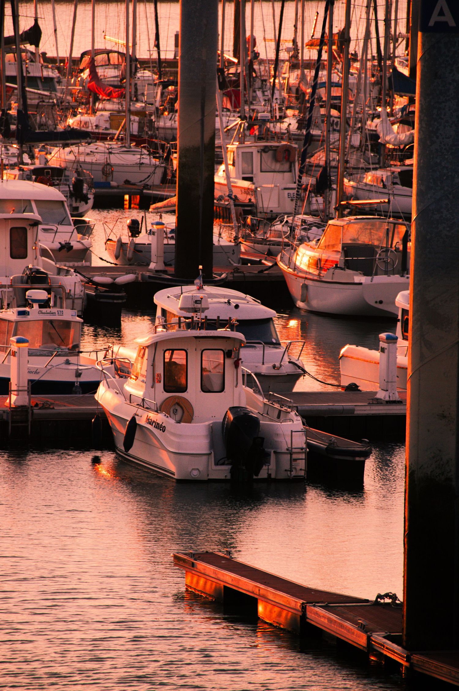 Boats docked at a marina during sunset with warm orange light reflecting on the calm water.