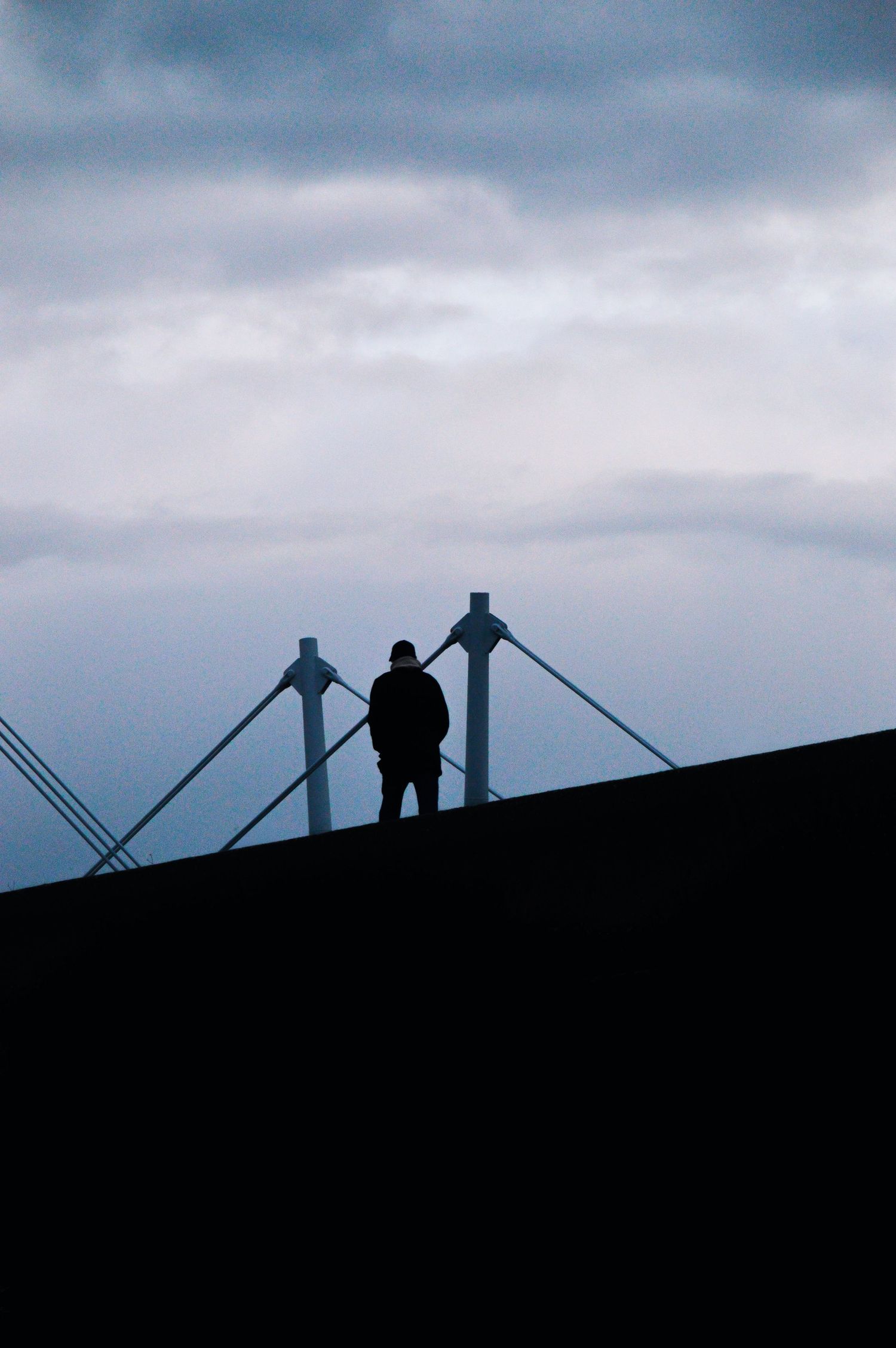 Silhouettes of workers installing solar panels against a cloudy sky.