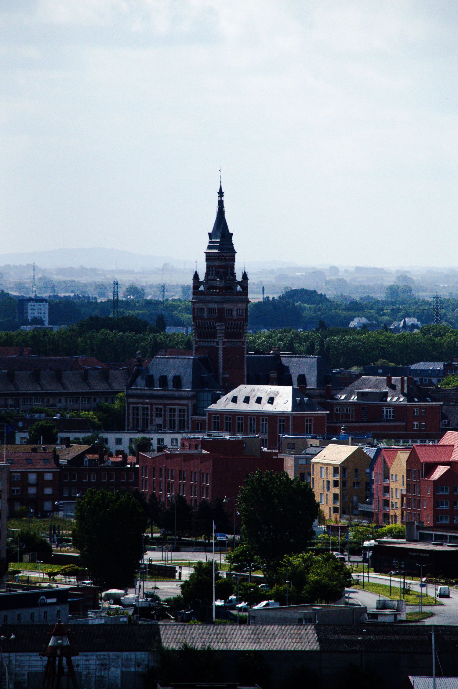 Aerial view of a European city skyline featuring a historic church tower rising above brick buildings and lush trees.