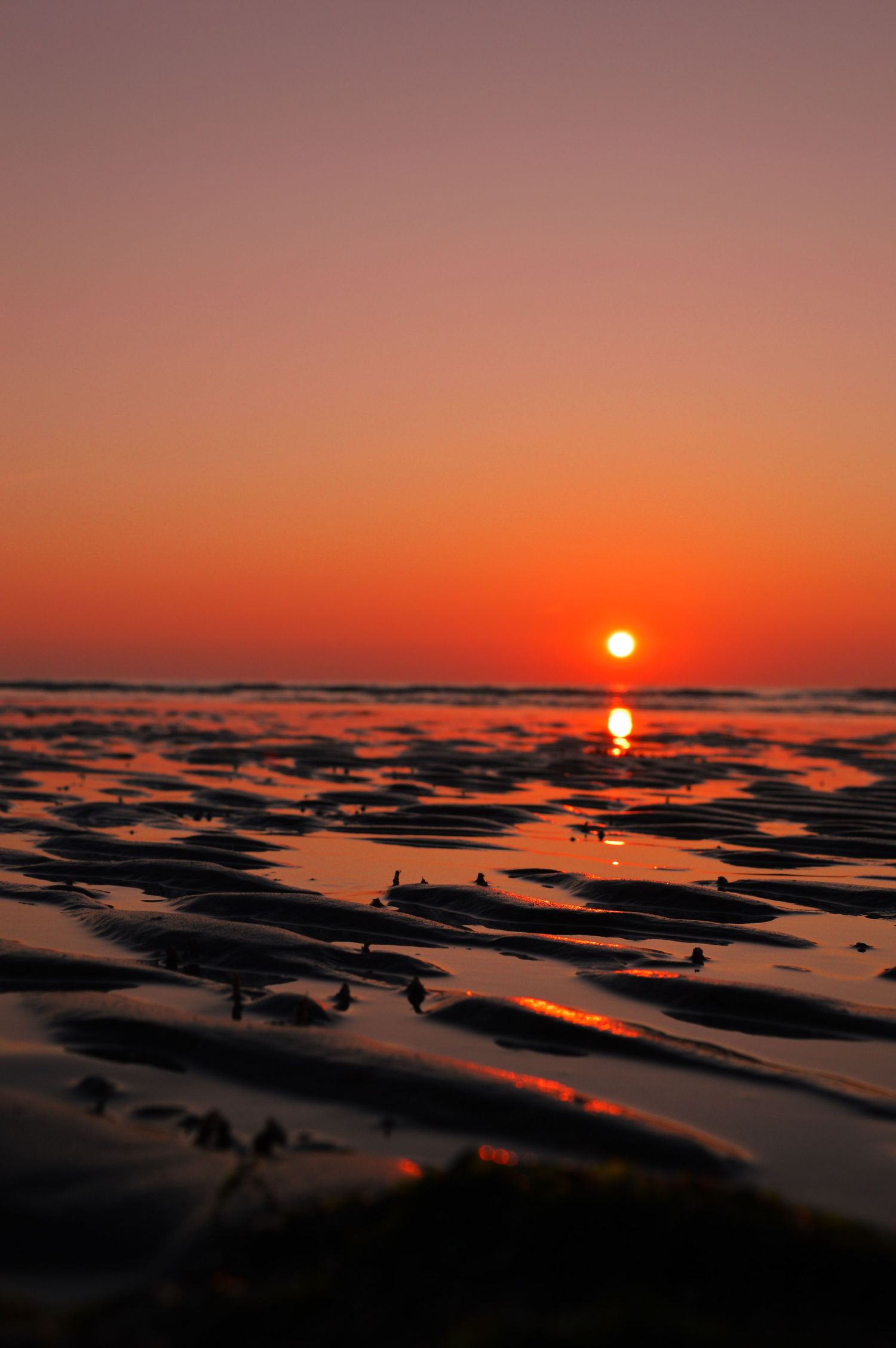 Dramatic sunset reflects on rippled beach waters during low tide.