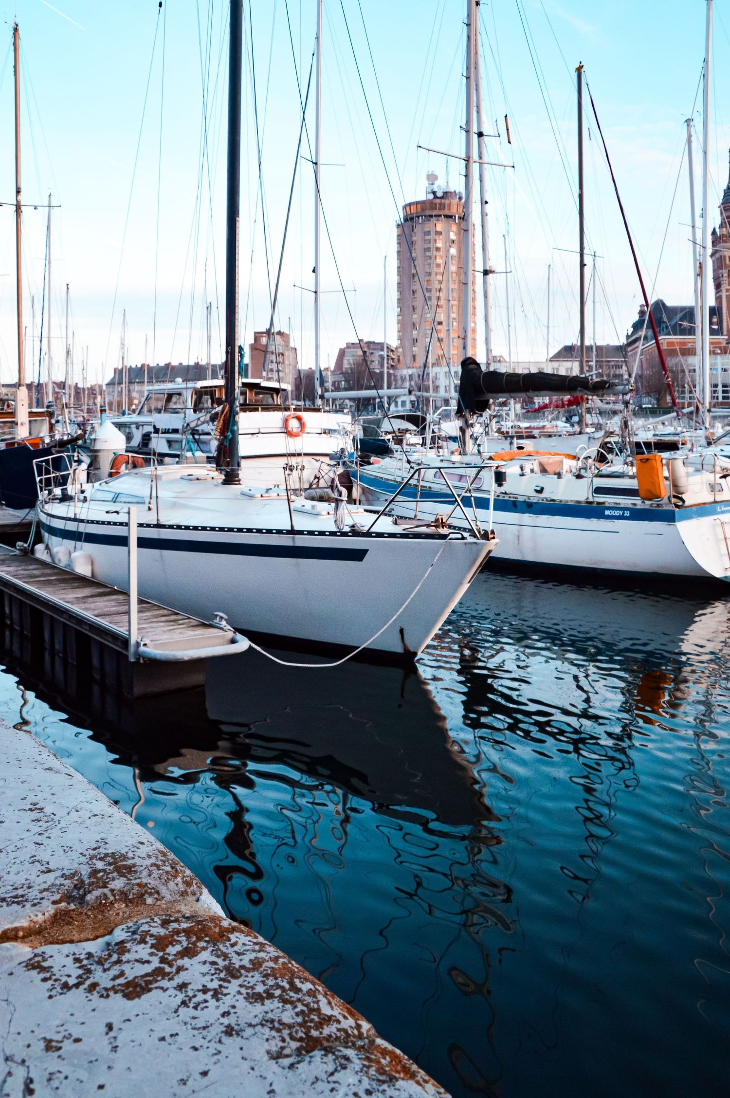 Marina with sailboats docked at harbor during winter with city buildings in background.