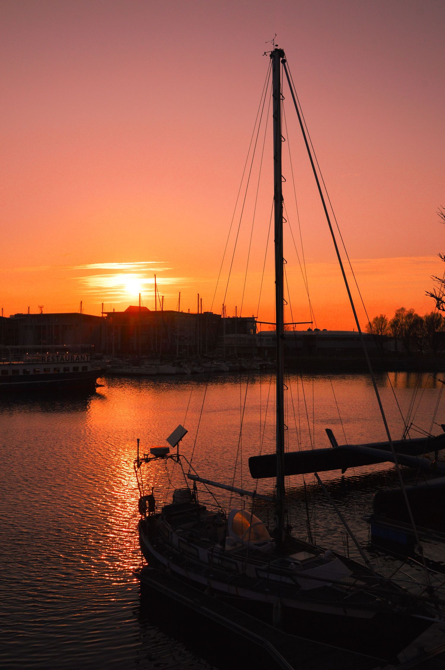 Sailboats moored in harbor at sunset with golden light reflecting on water.
