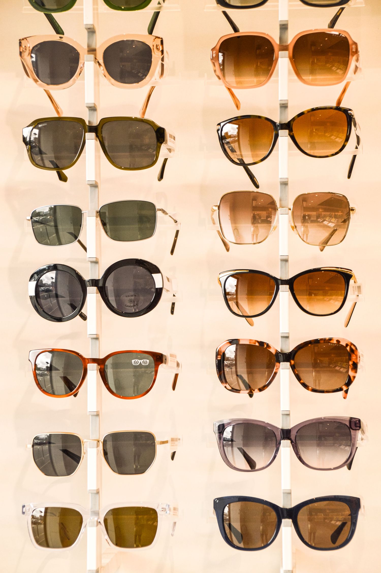 Designer sunglasses collection featuring various shapes and styles mounted on beige display wall.