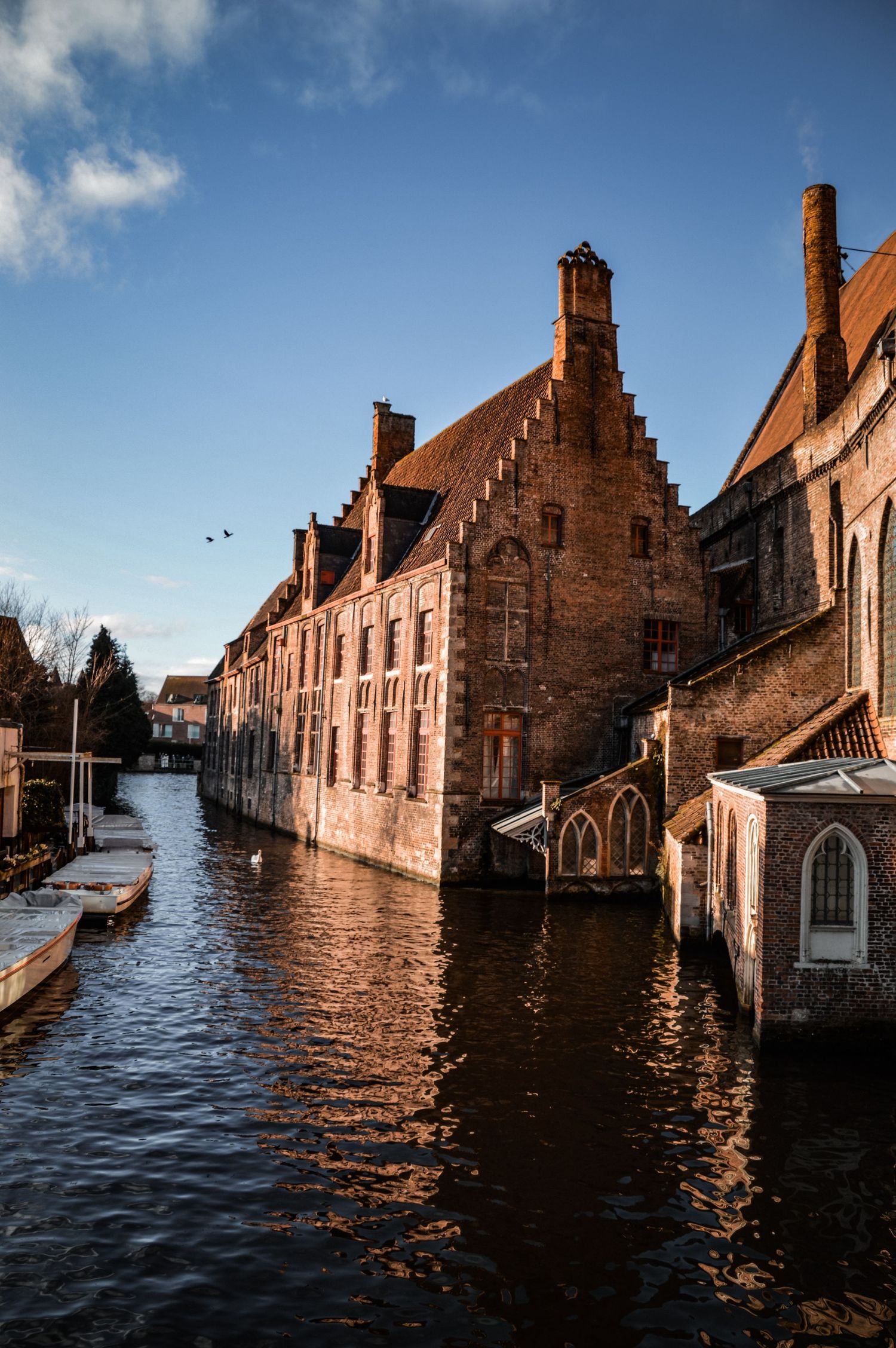 Medieval buildings reflected in flooded streets of Bruges during high water.