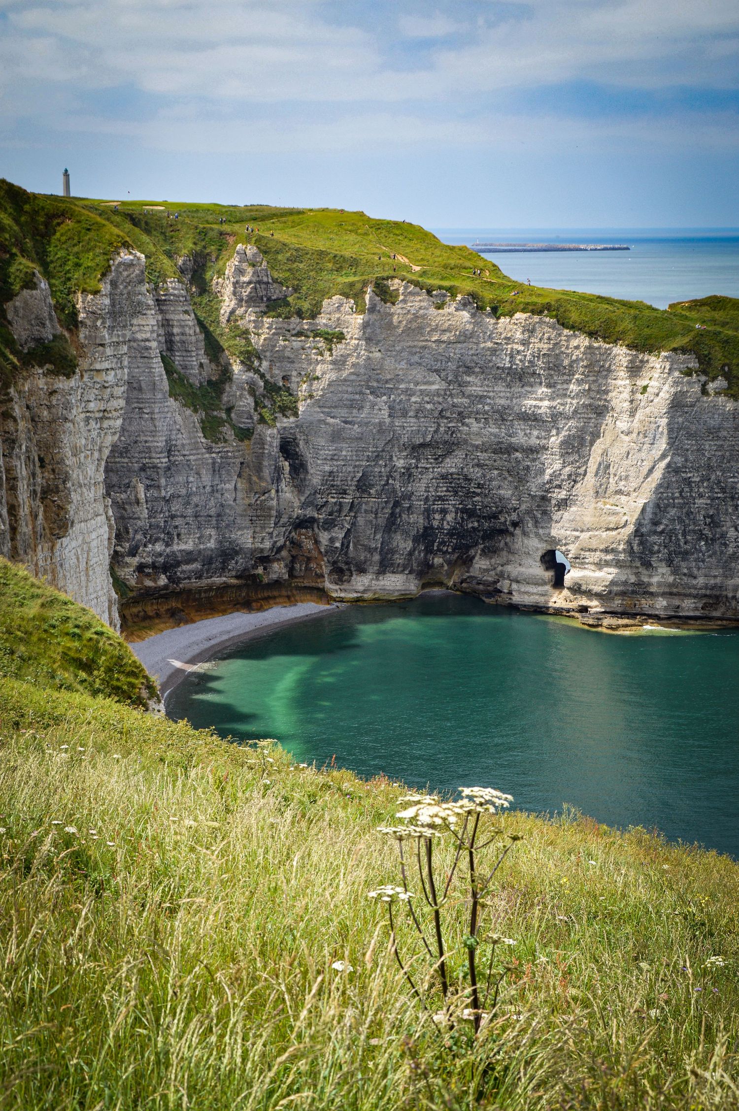 Dramatic white chalk cliffs and turquoise bay surrounded by green coastal grassland.