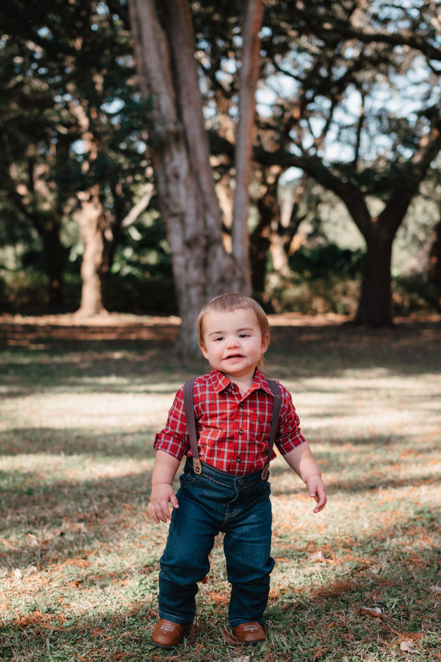 Adorable toddler boy in red plaid shirt, suspenders, and jeans standing on grass in a sunny park.