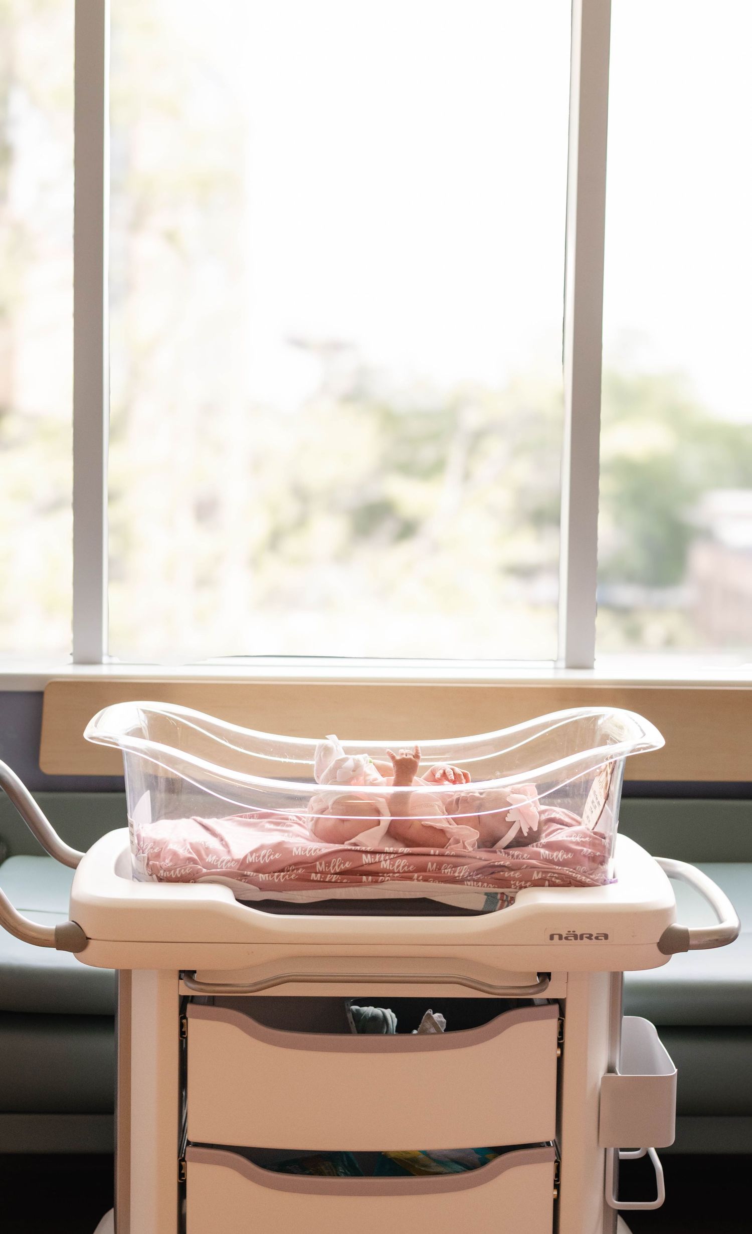 Newborn baby resting in a hospital bassinet by a bright window, wrapped in a pink blanket in a maternity ward.
