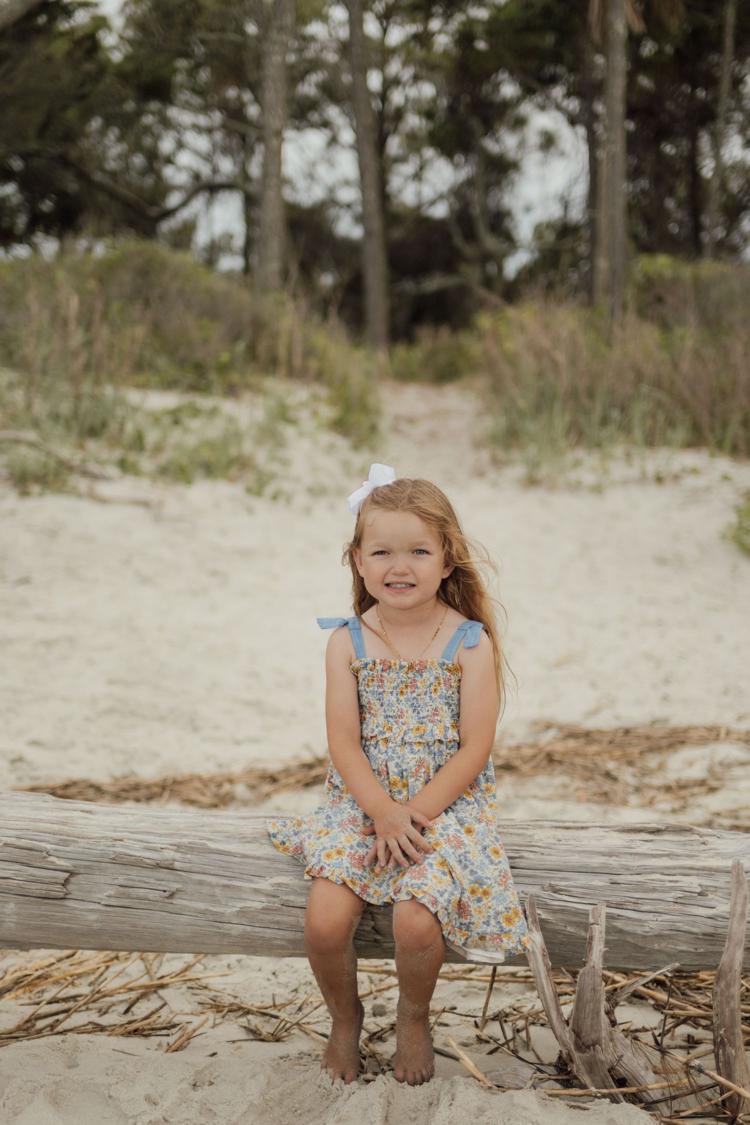 Young girl in floral blue dress sitting on driftwood at sandy beach with trees in background.