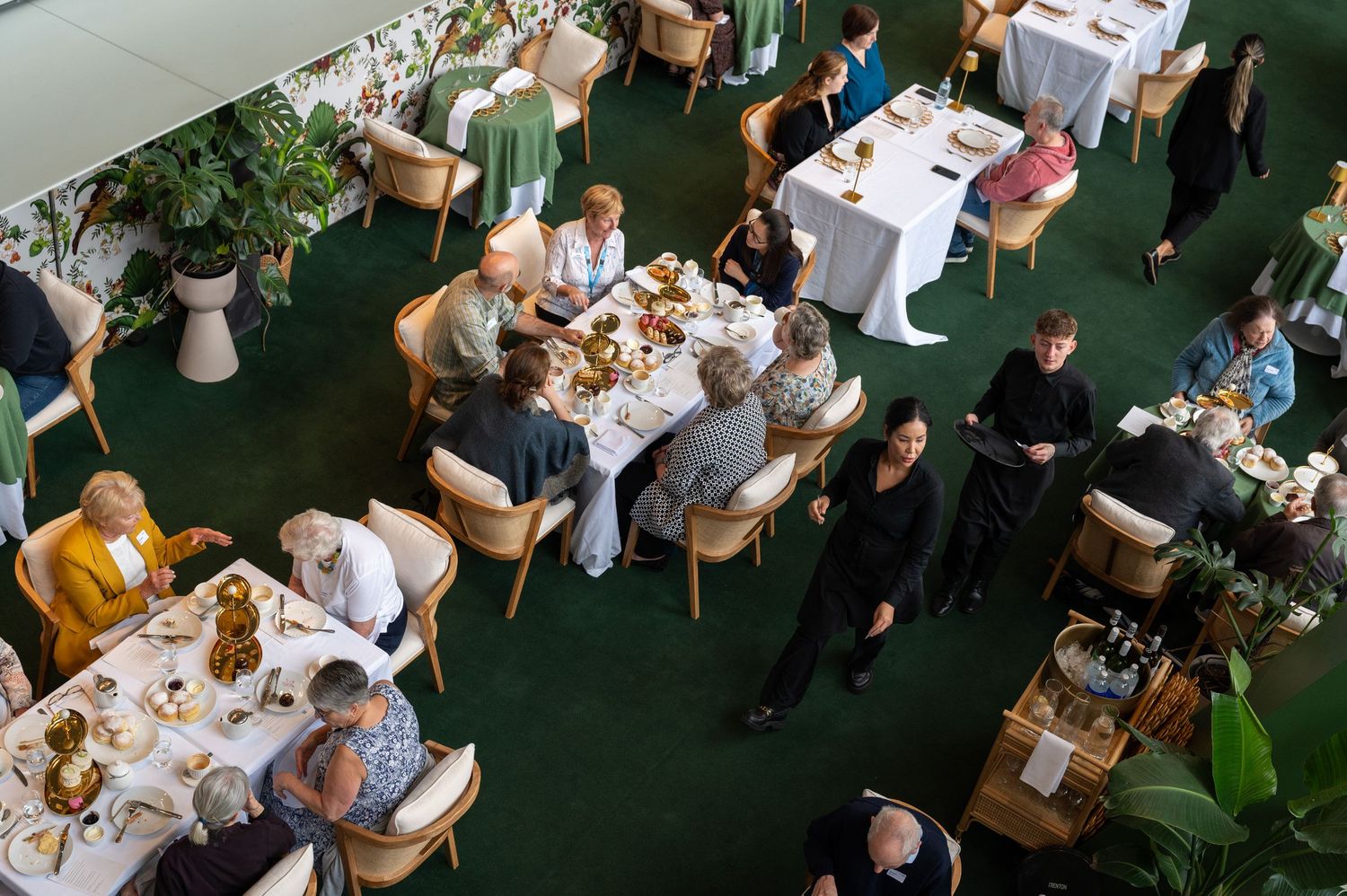 Overhead view of diners in a restaurant.