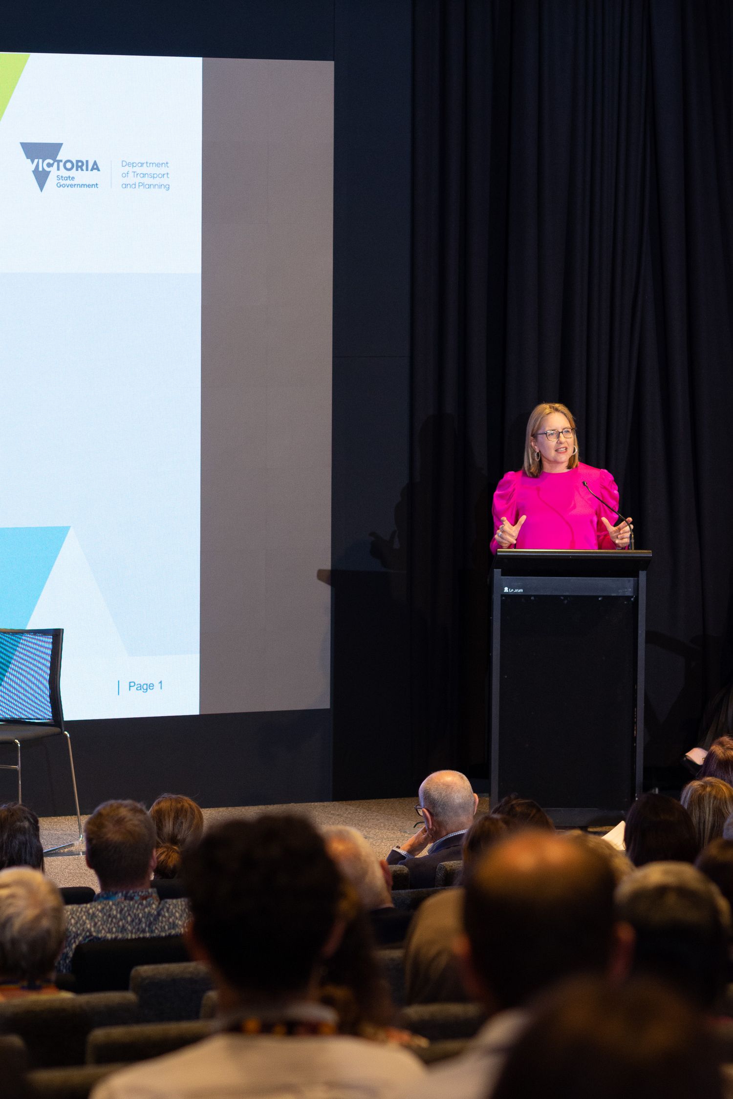 Jacinta Allan speaks on stage at International Women's Day for Department of Transport and Planning.