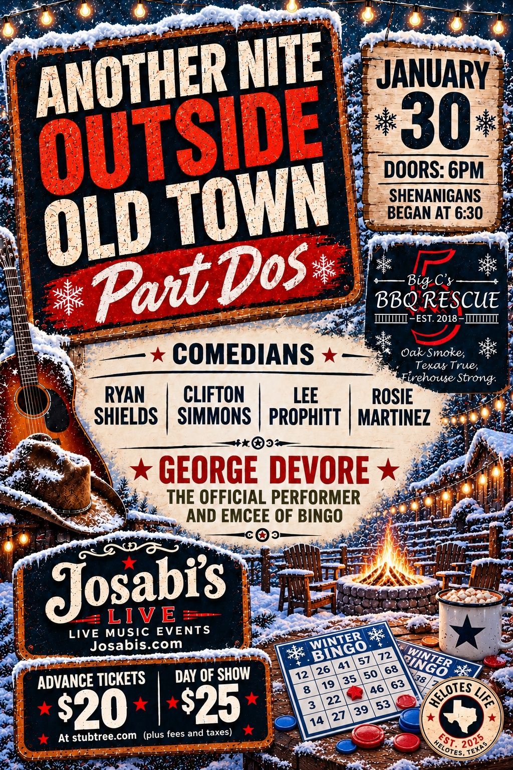 Snowy Texas-themed poster for Another Nite Outside Old Town Part Dos, a January 30 comedy and winter bingo event at Josabi's Live.