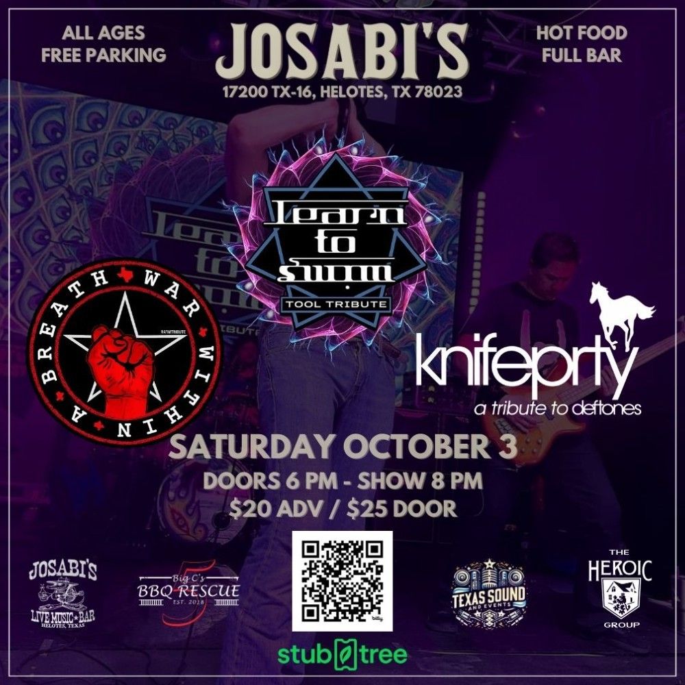 Flyer for live music event at Josabi's Live in Helotes TX featuring Learn to Swim, Knife Party, and Breath War on October 3.