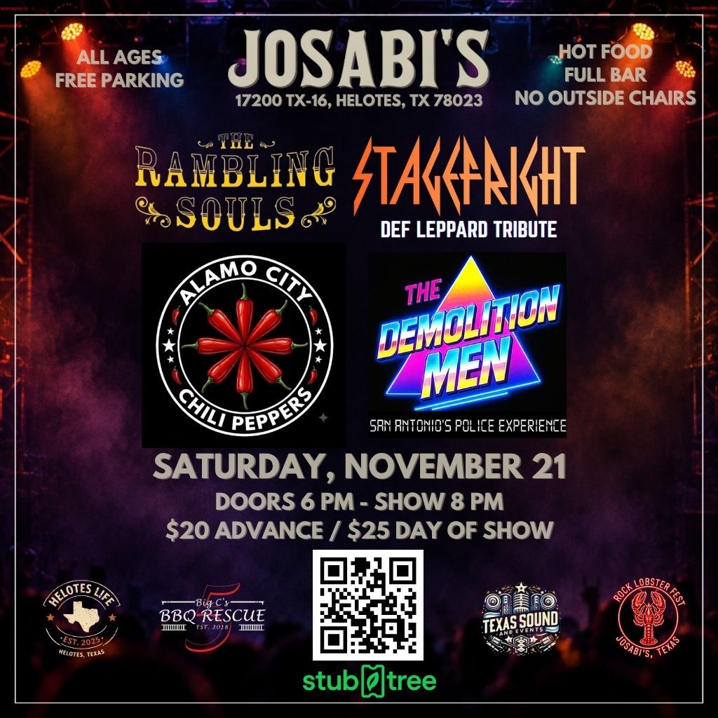 Concert flyer for Rambling Souls Stagefright Def Leppard Tribute and Demolition Men at Josabis November 21.
