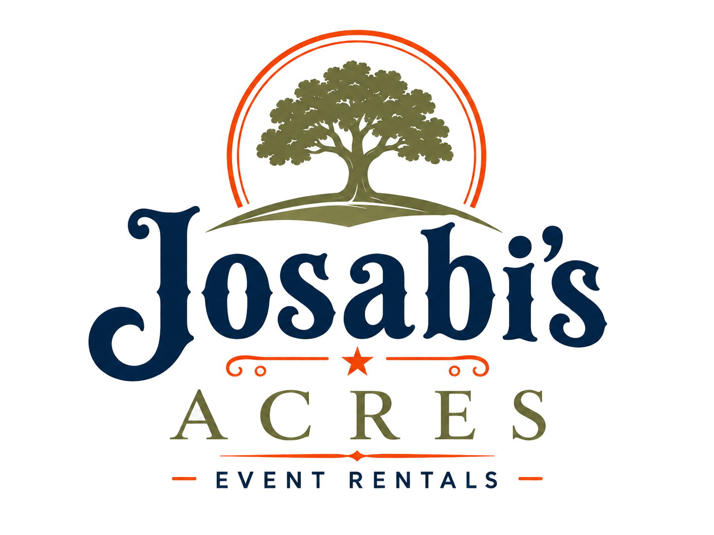 Josabi's Acres Event Rentals logo featuring an oak tree with an orange circle and navy blue text.