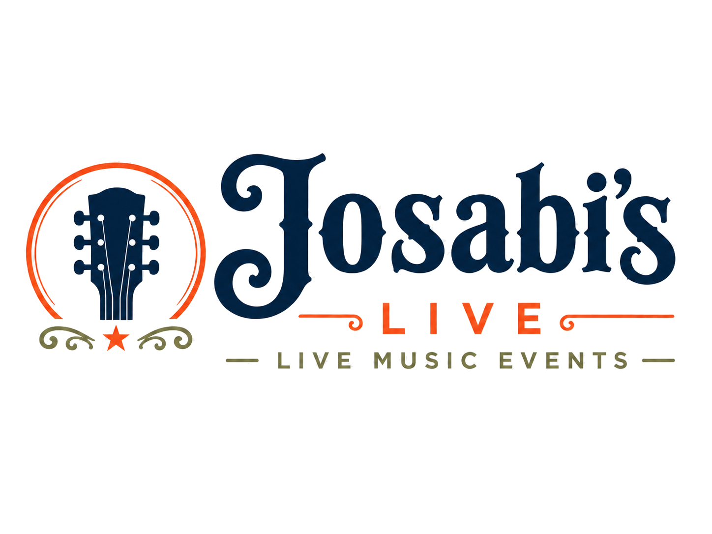 Josabi's Live Music Events logo featuring a guitar headstock inside a circle with navy and orange branding.