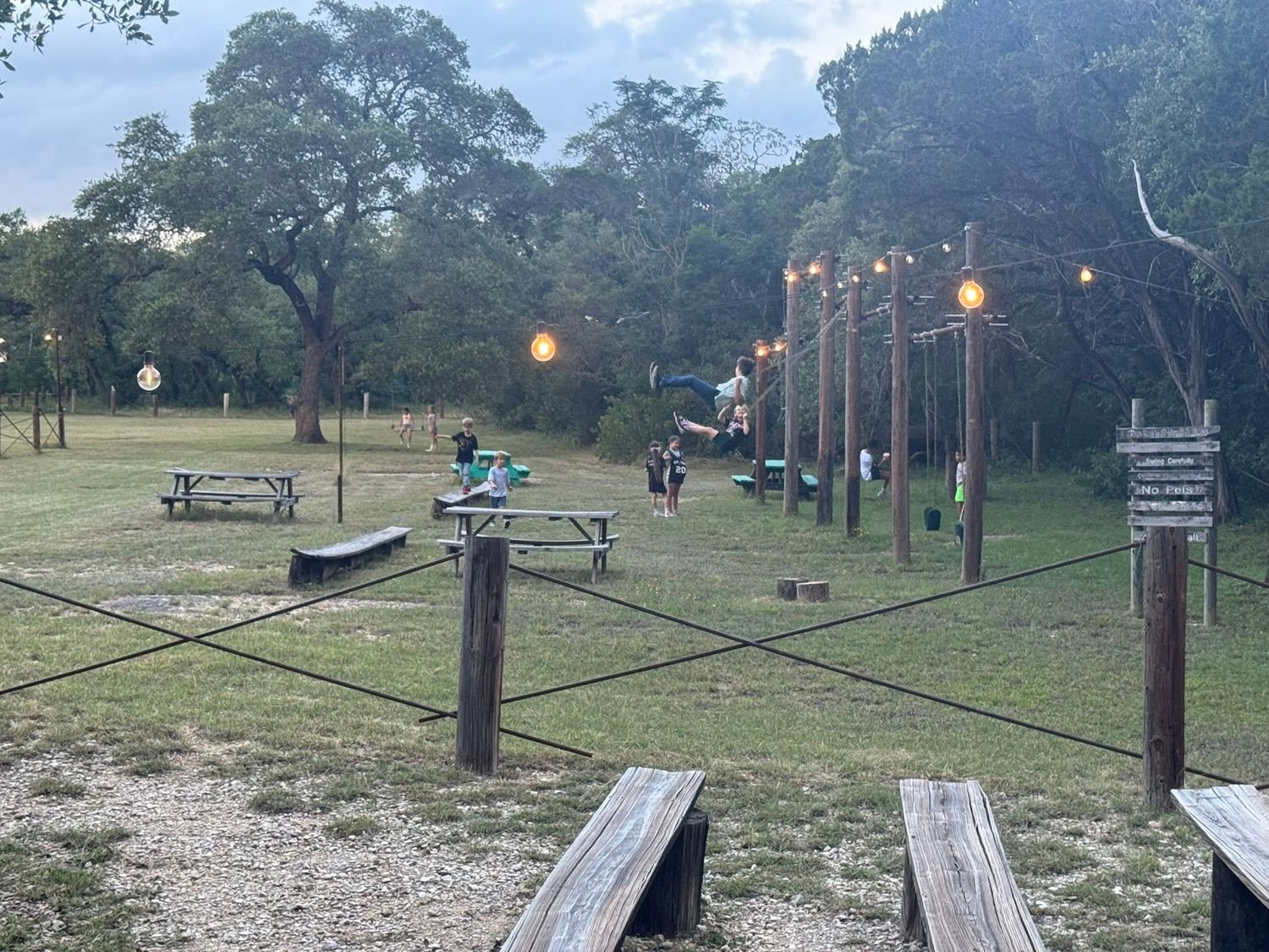 Outdoor swing area with string lights, wooden posts, picnic tables, and lush trees at dusk at Josabi's Acres in Helotes, TX.