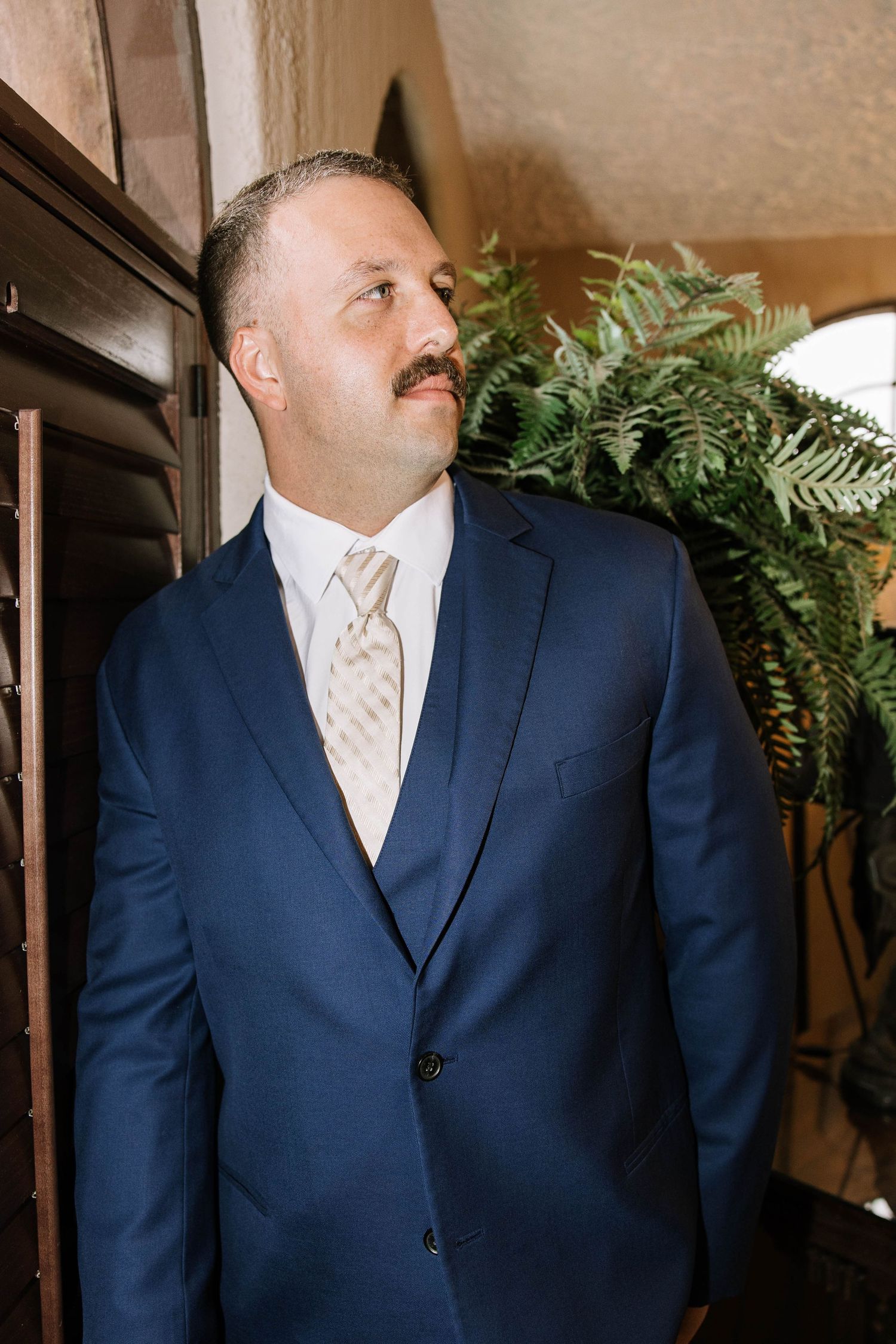 A man in a navy blue suit and gold tie with a mustache poses indoors near a fern plant.