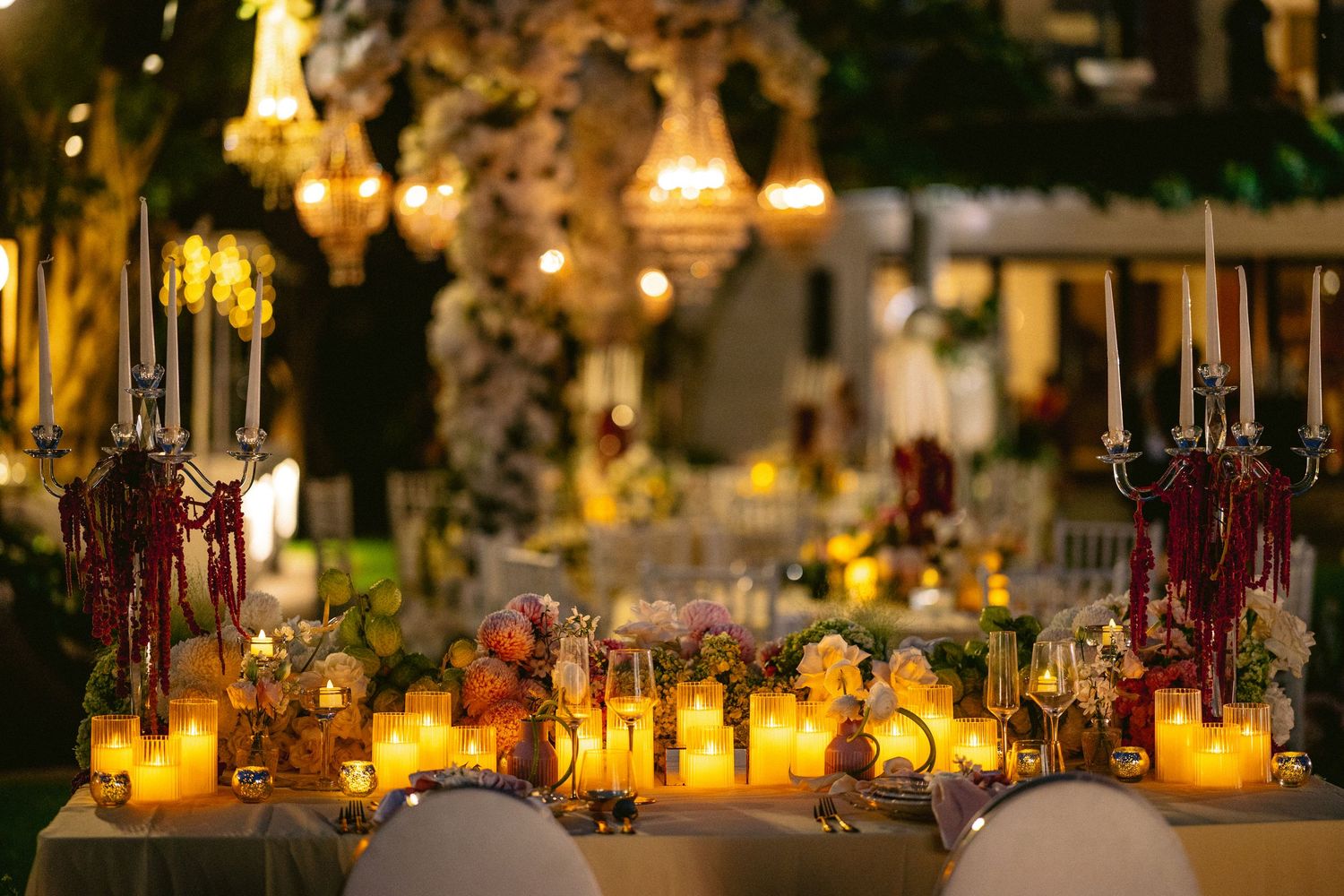 Elegant Bali wedding reception details with tropical floral décor