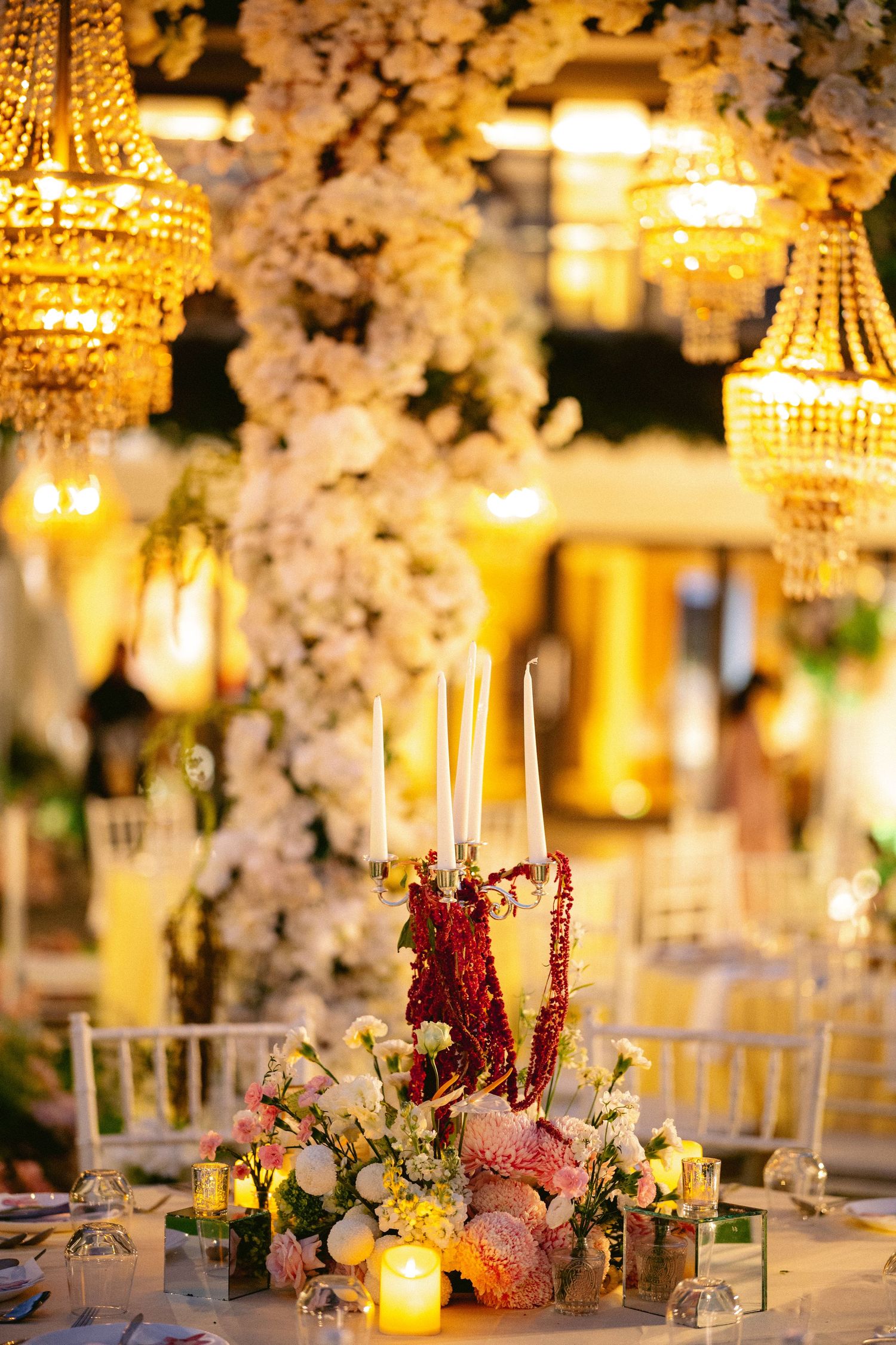 Elegant Bali wedding reception details with tropical floral décor