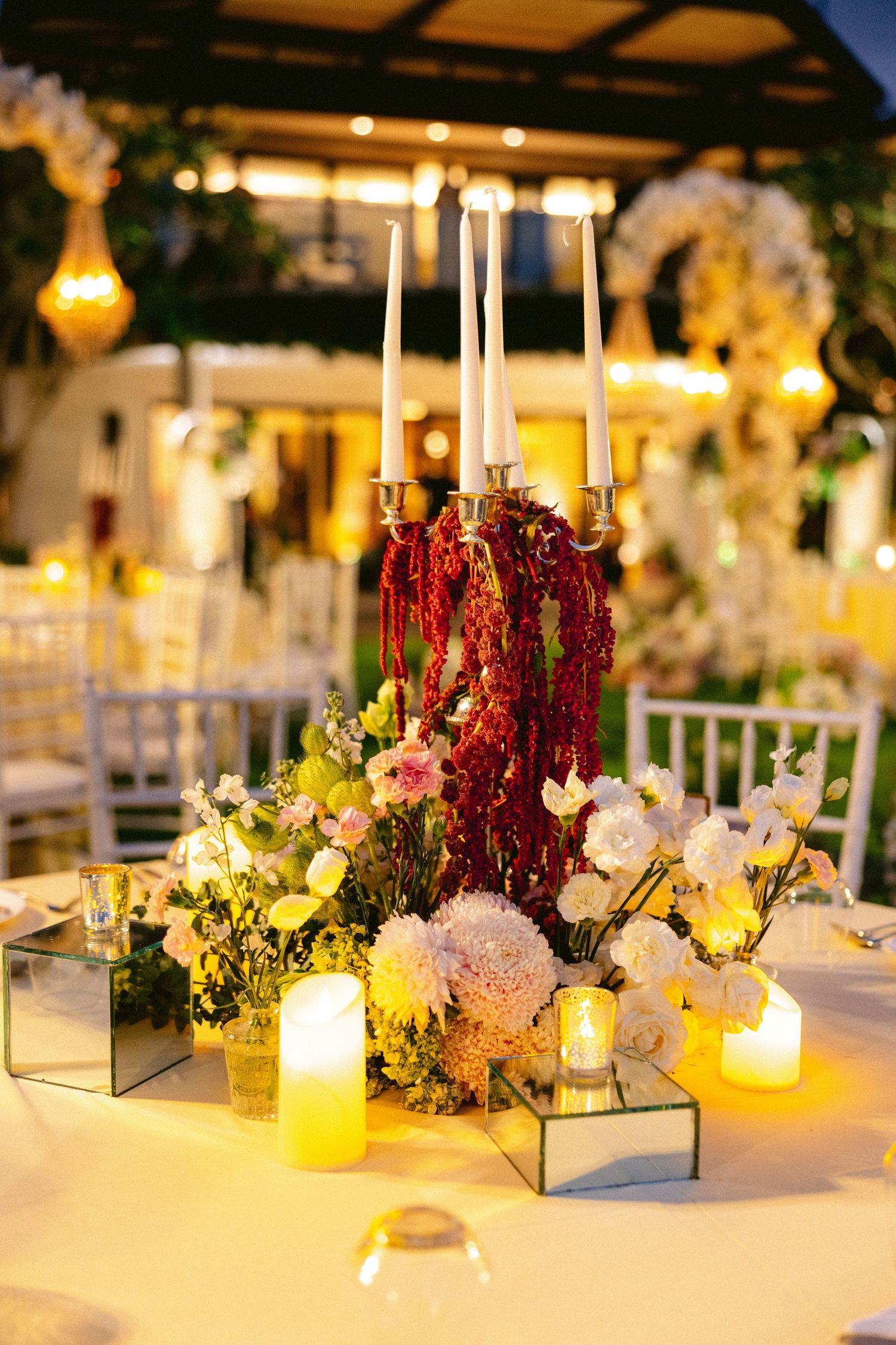Elegant Bali wedding reception details with tropical floral décor