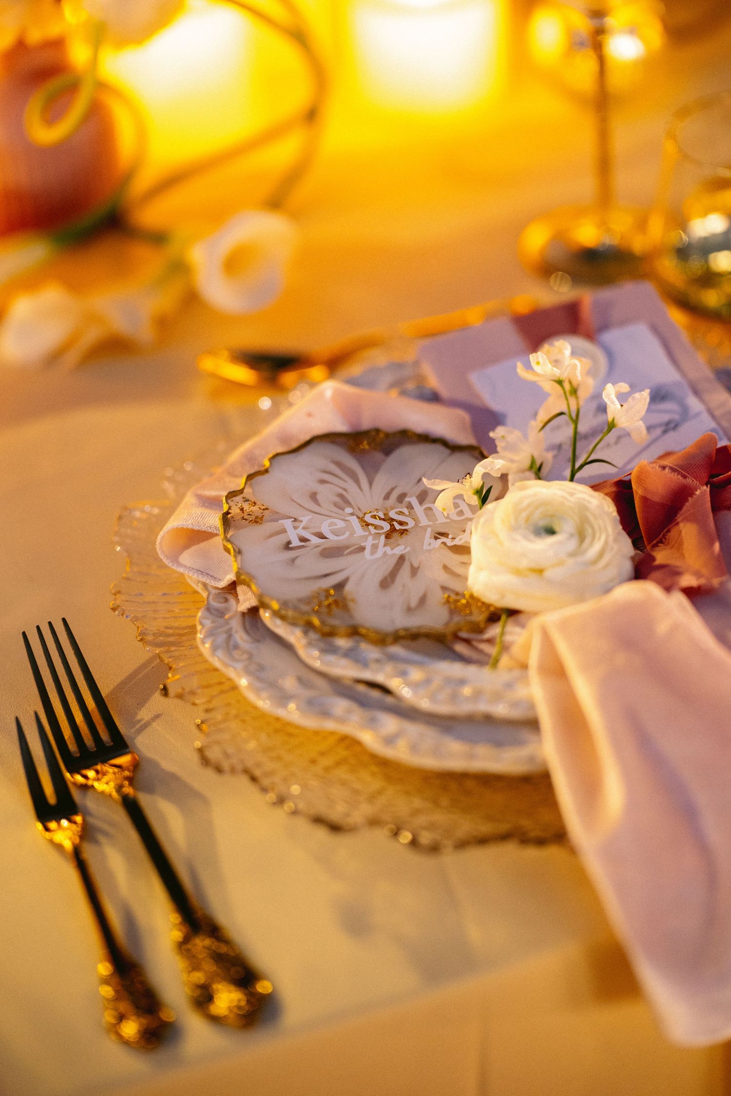 Elegant Bali wedding reception details with tropical floral décor