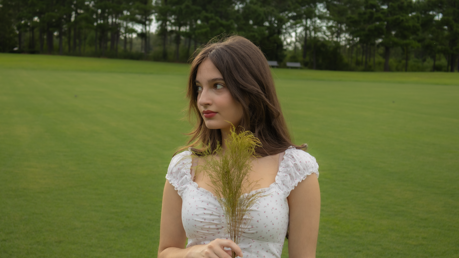 Girl holding a flower while on a field