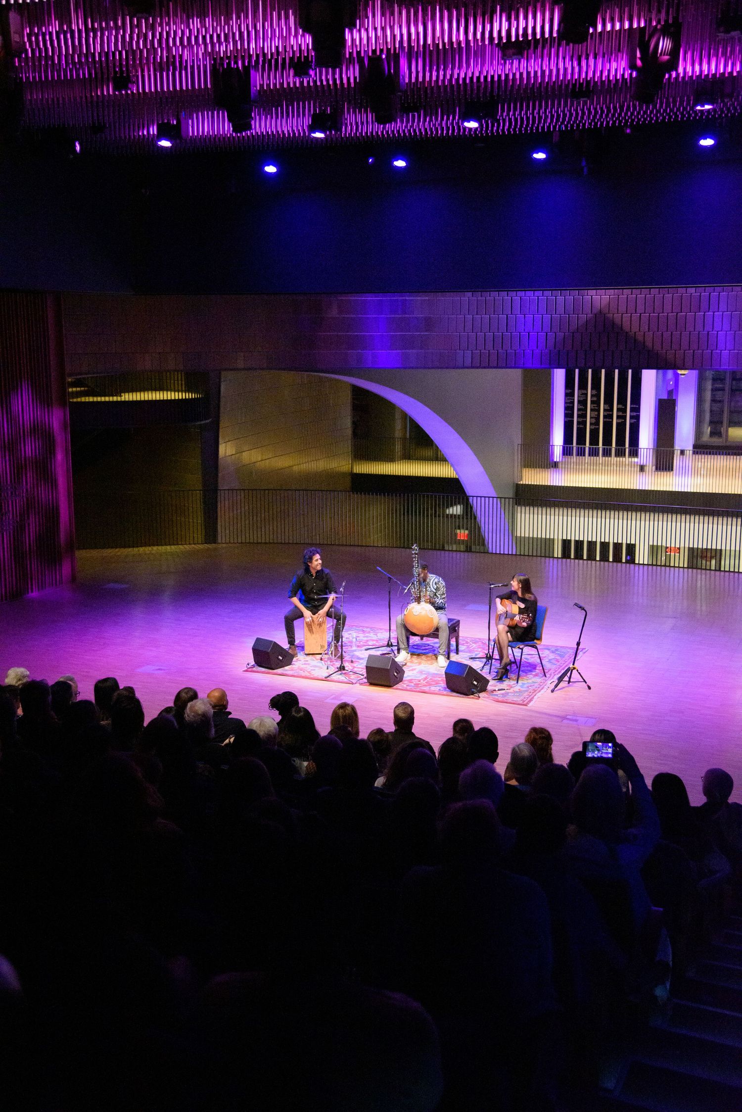 Three musicians perform on a purple-lit concert stage before a seated audience in an elegant modern theater.