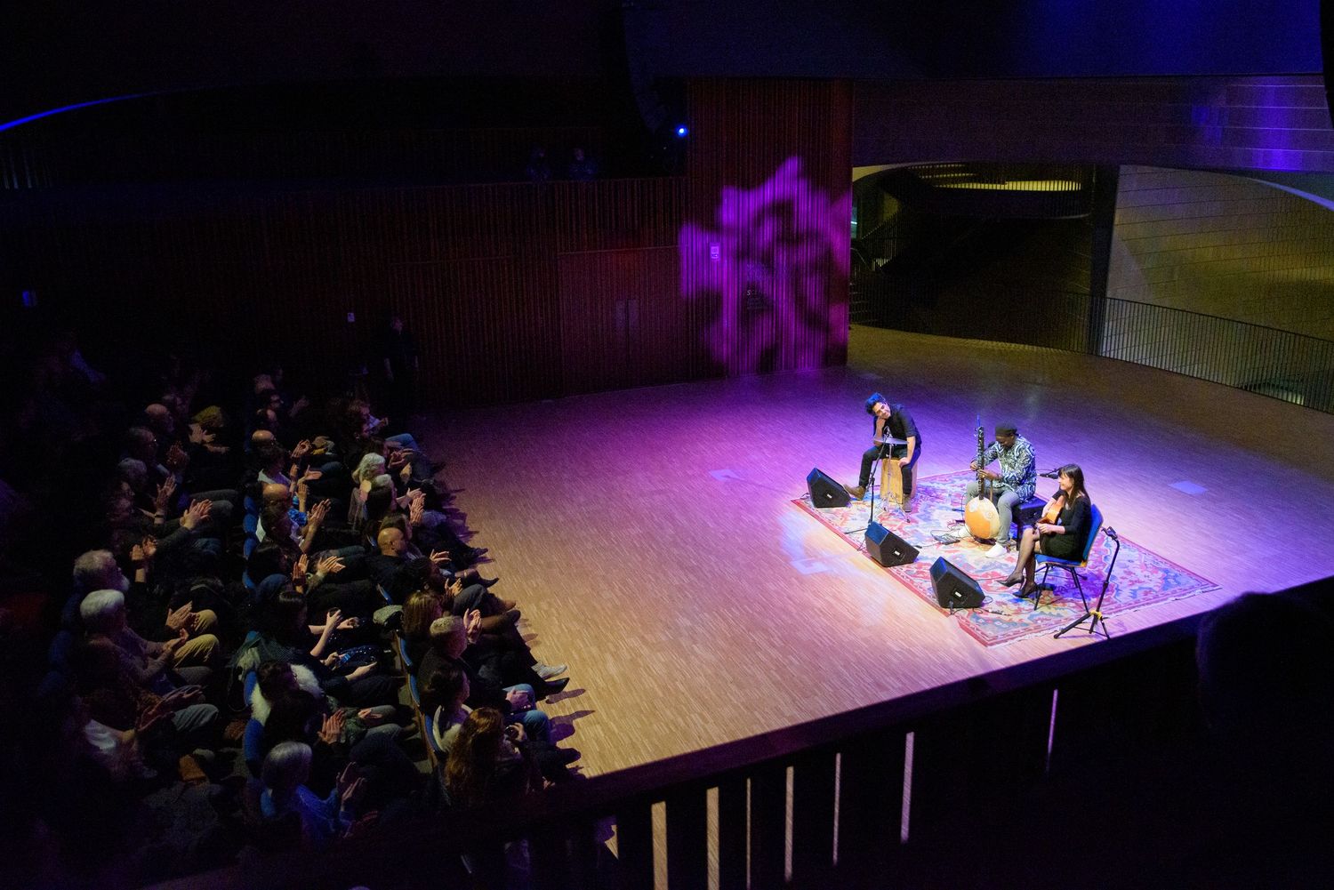 Two musicians perform on a purple-lit stage before a large seated audience in a modern concert hall.
