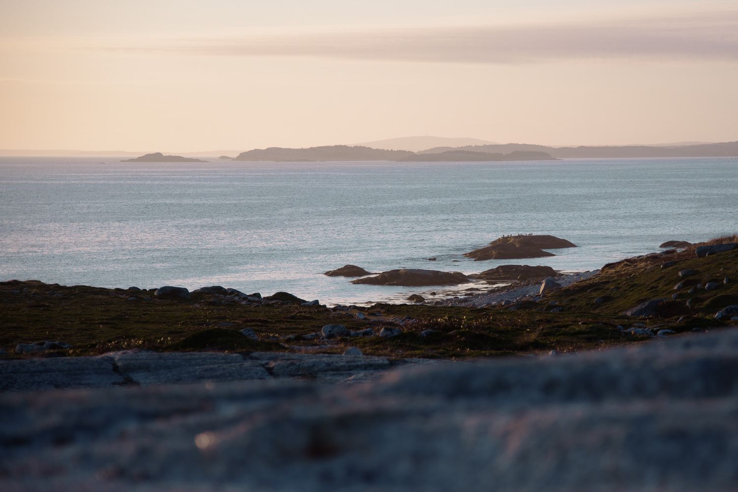 Serene arctic coastline at sunset with rocky shores and distant islands on horizon.