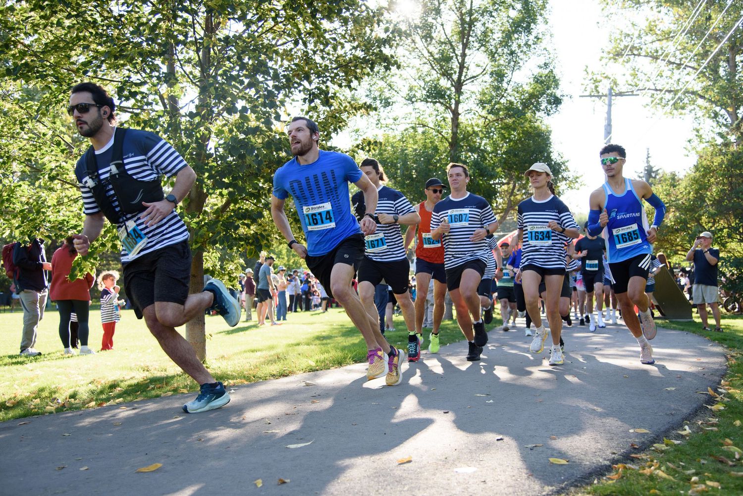 Runners competing in an outdoor road race through a tree-lined park on a sunny day.