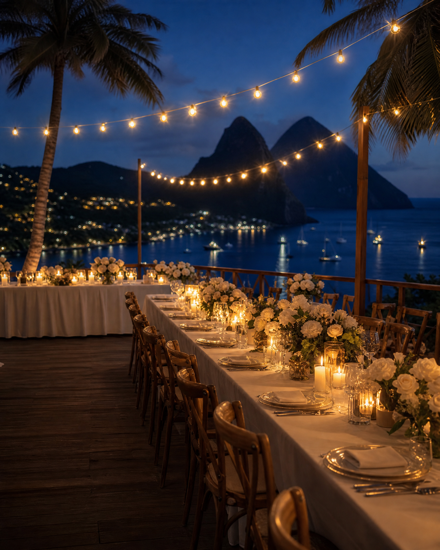 Elegant outdoor wedding reception with string lights, candles, and St. Lucia's Piton mountains at night.