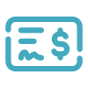 Teal blue check or voucher icon with dollar sign representing payment or financial transaction concept.