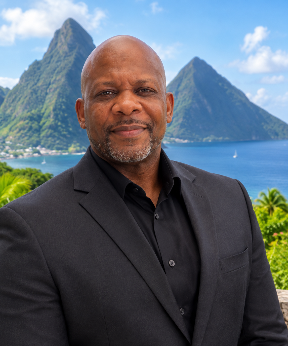 Professional man poses with Saint Lucia Pitons and blue bay in background. CEO & Founder. St. Lucia clear kayaks & bamboo raft luxury photos