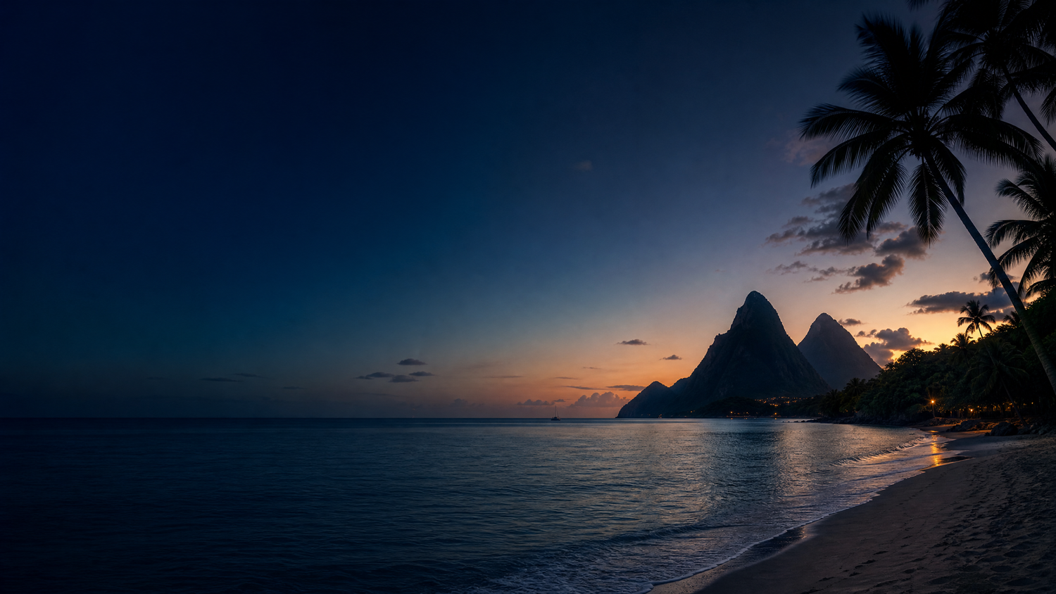 Stunning twilight beach scene with silhouetted Piton mountains and palm trees in St. Lucia at dusk.