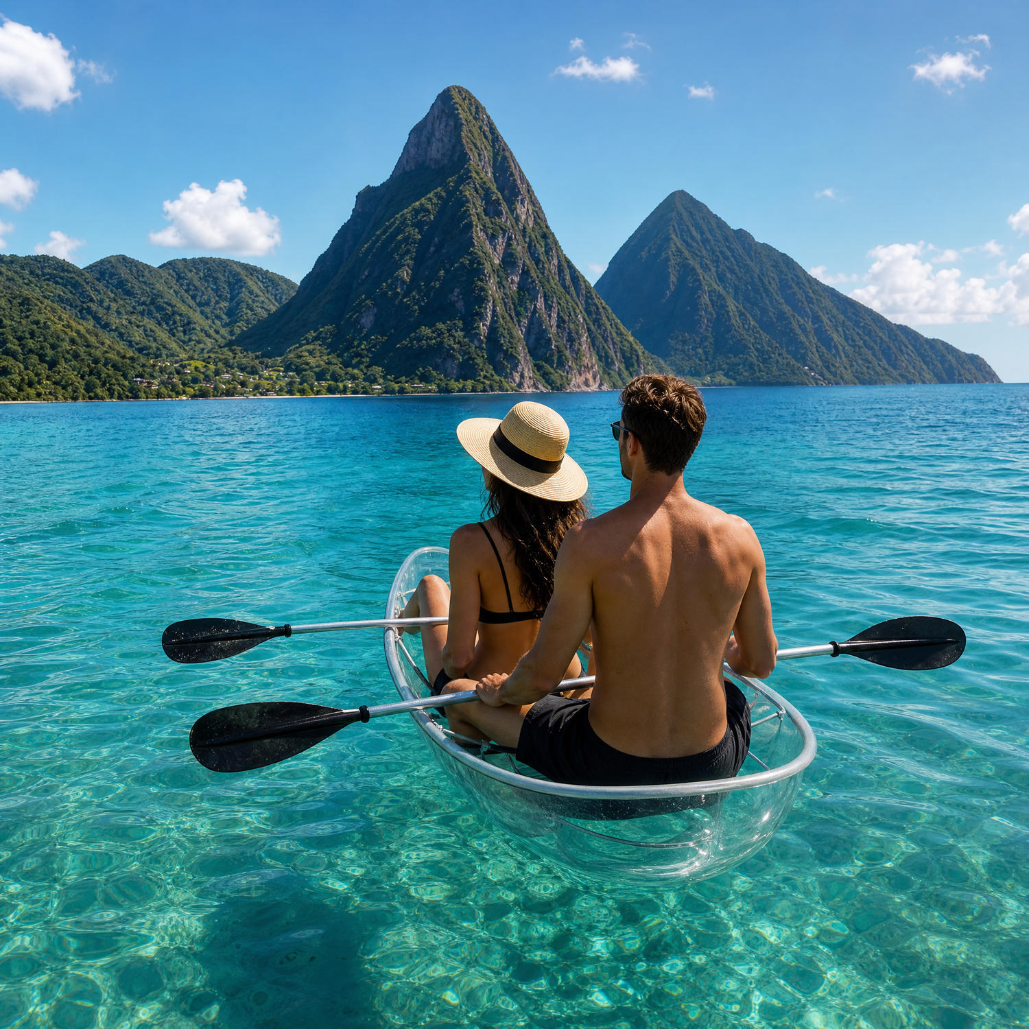 Couple enjoying a clear kayak photoshoot on the turquoise sea with Pitons in the background of St. Lucia.
