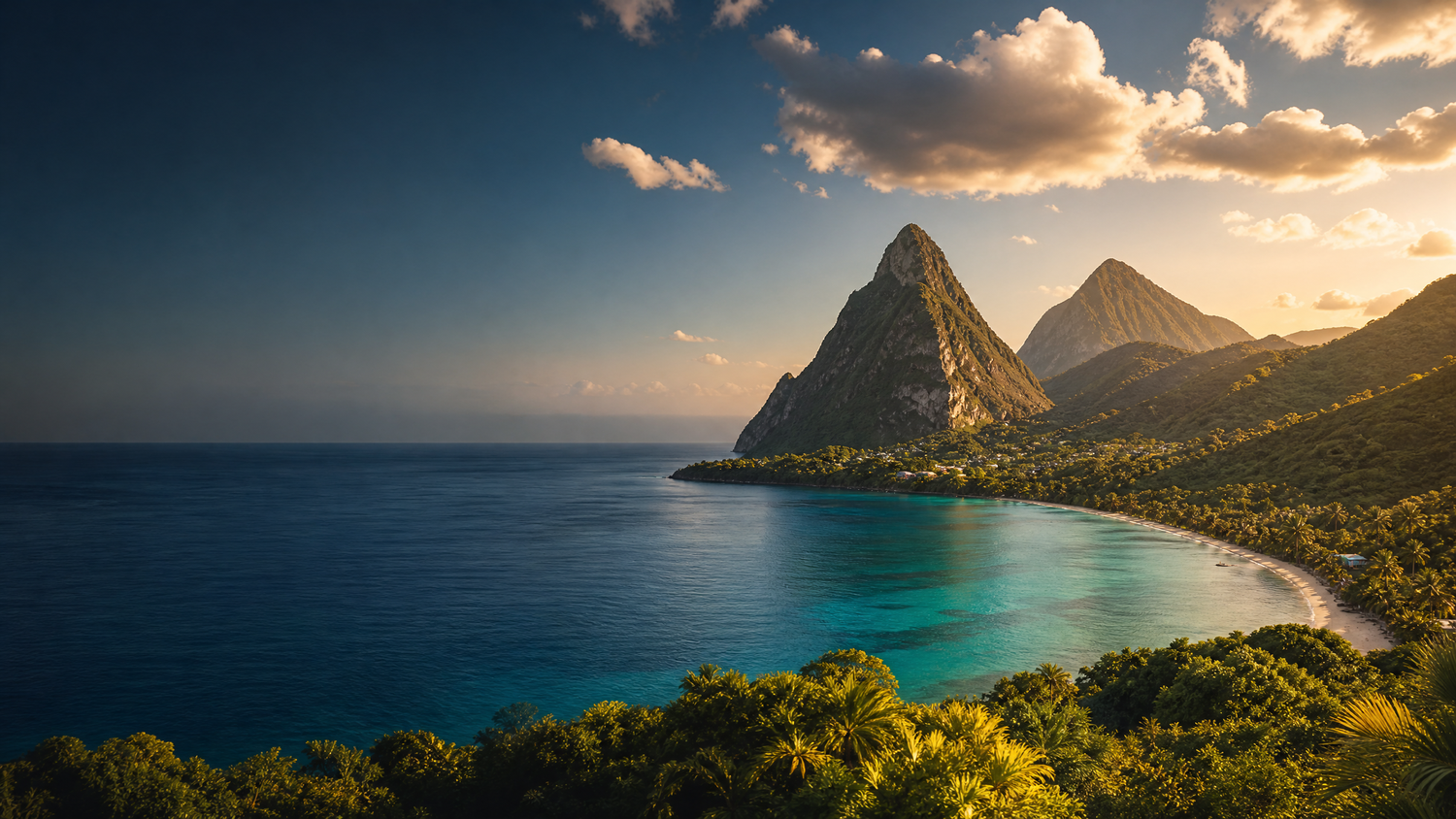 Breathtaking panoramic view of St. Lucia Piton mountains rising above lush tropical coastline at golden hour.