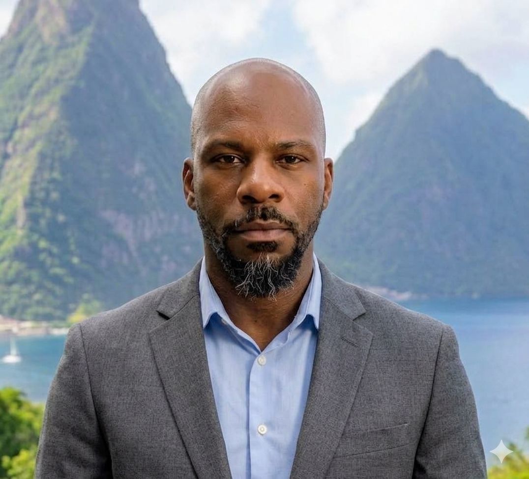 Serious bald man in gray suit with Saint Lucia twin Piton peaks and sea behind him. Chief Spatial Officer for Blue Horizon Media.