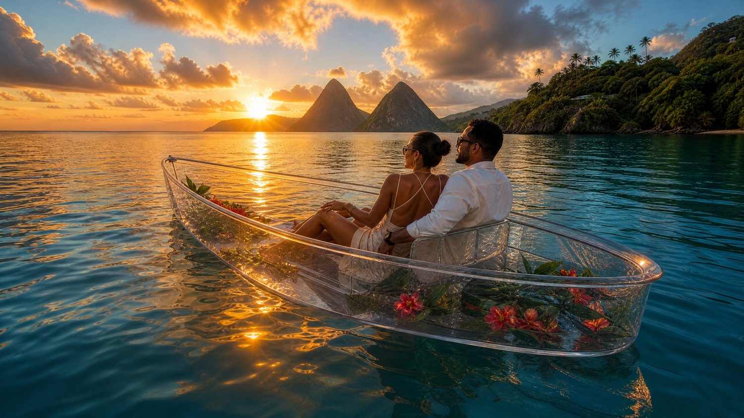 Couple sitting in a glass boat at sunset near tropical mountains in turquoise waters with floral decorations.