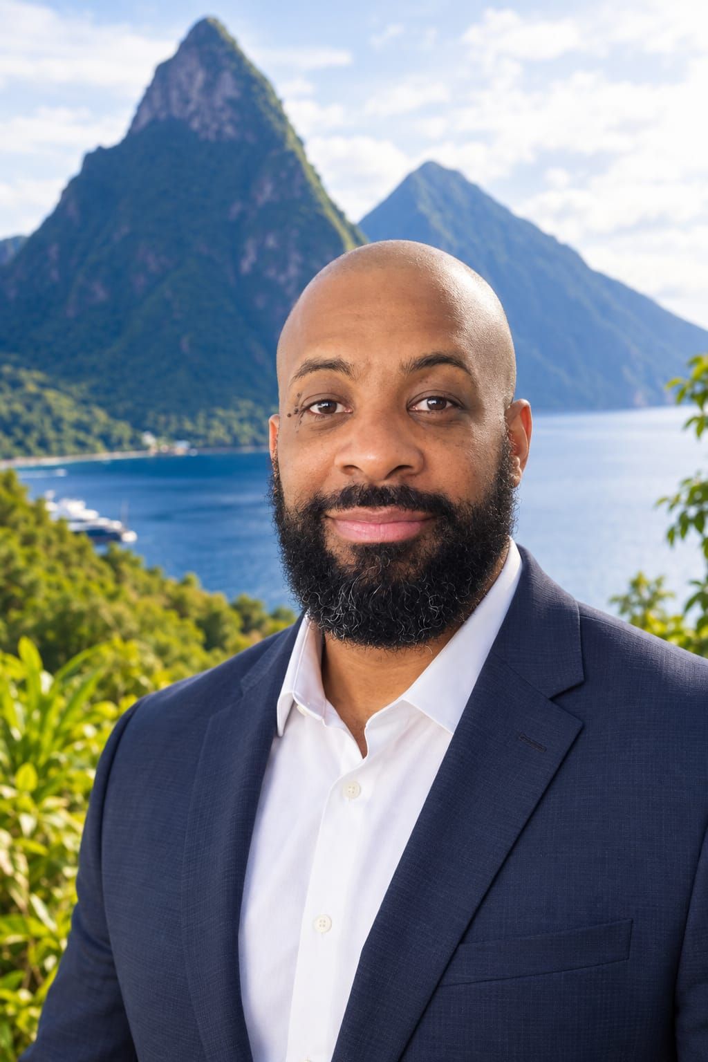 Bearded man with Saint Lucia Pitons and turquoise bay backdrop. Chief Marketing Officer for Blue Horizon Media. St. Lucia luxury photography