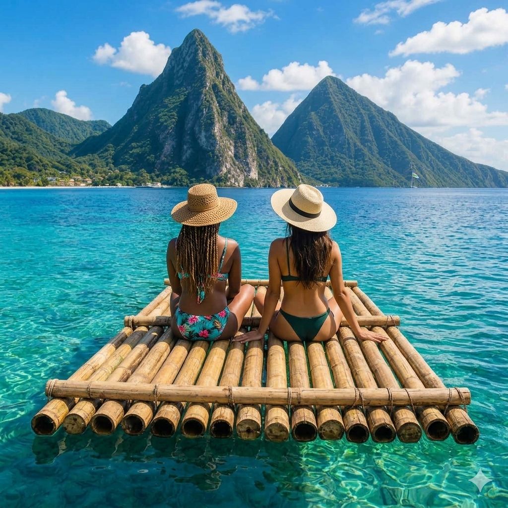 Two women in bikinis and straw hats sit on a bamboo raft in turquoise waters near the Pitons in St. Lucia.
