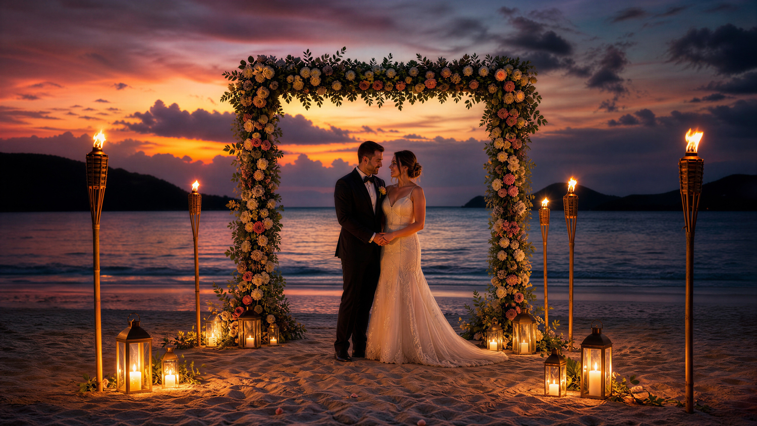 Couple exchanging vows under a floral arch on a beach at sunset with torches and lanterns.