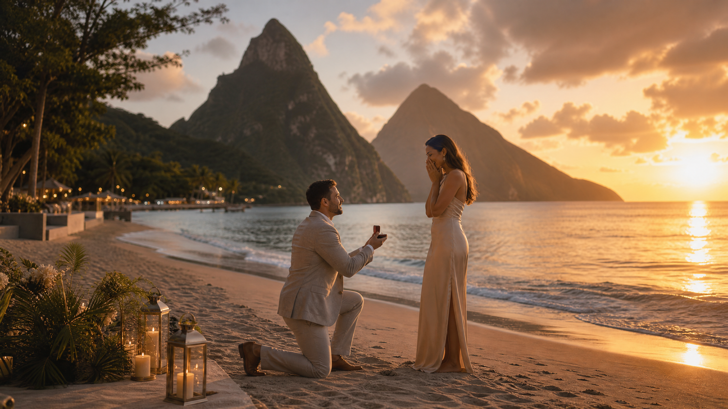 Romantic beach proposal at sunset with St. Lucia's Piton mountains backdrop, candles, and ocean waves.