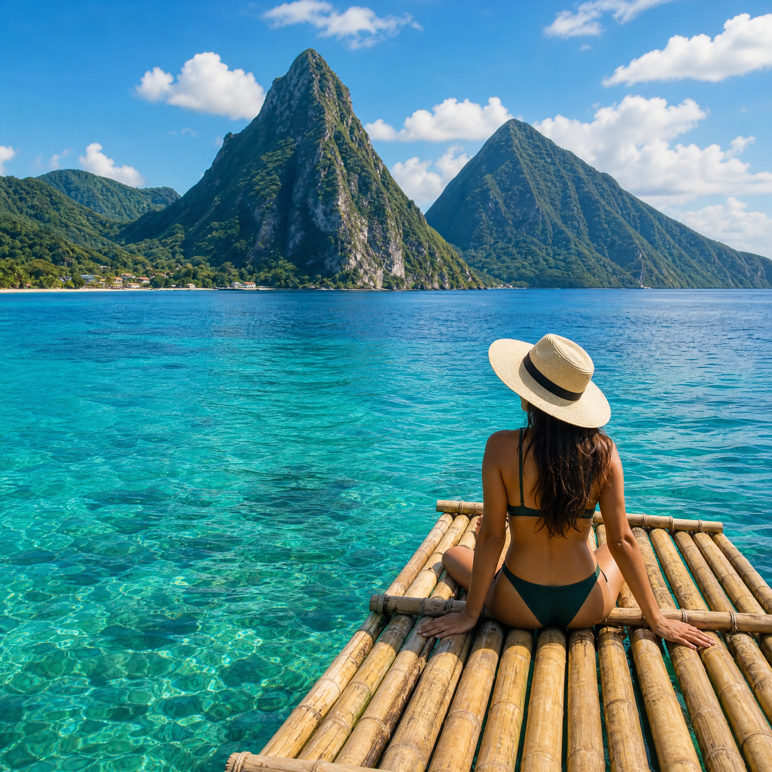 A Vacationer sitting in a bamboo raft during a drone photoshoot experience on a tropical beach in St. Lucia.
