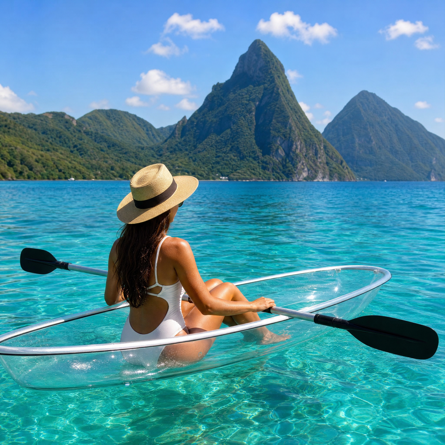 A Vacationer sitting in a clear kayak during a drone photoshoot experience on a tropical beach in St. Lucia.