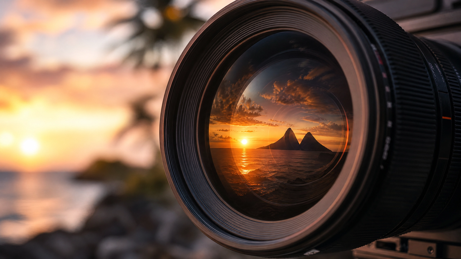 Close-up of a camera lens reflecting a stunning tropical sunset over ocean mountains with vibrant orange and purple skies.