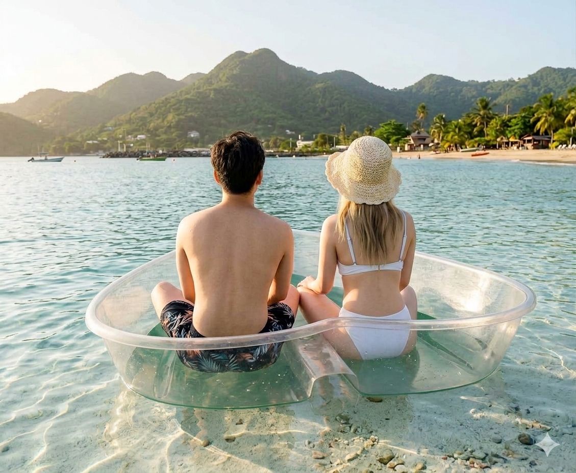 Couple sitting in a transparent boat on turquoise waters with lush green mountains and tropical beach in background.