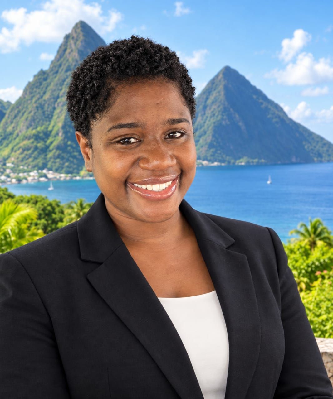 Smiling woman with Saint Lucia iconic Piton mountains backdrop. Chief Financial Officer. St. Lucia clear kayaks & bamboo raft photography.