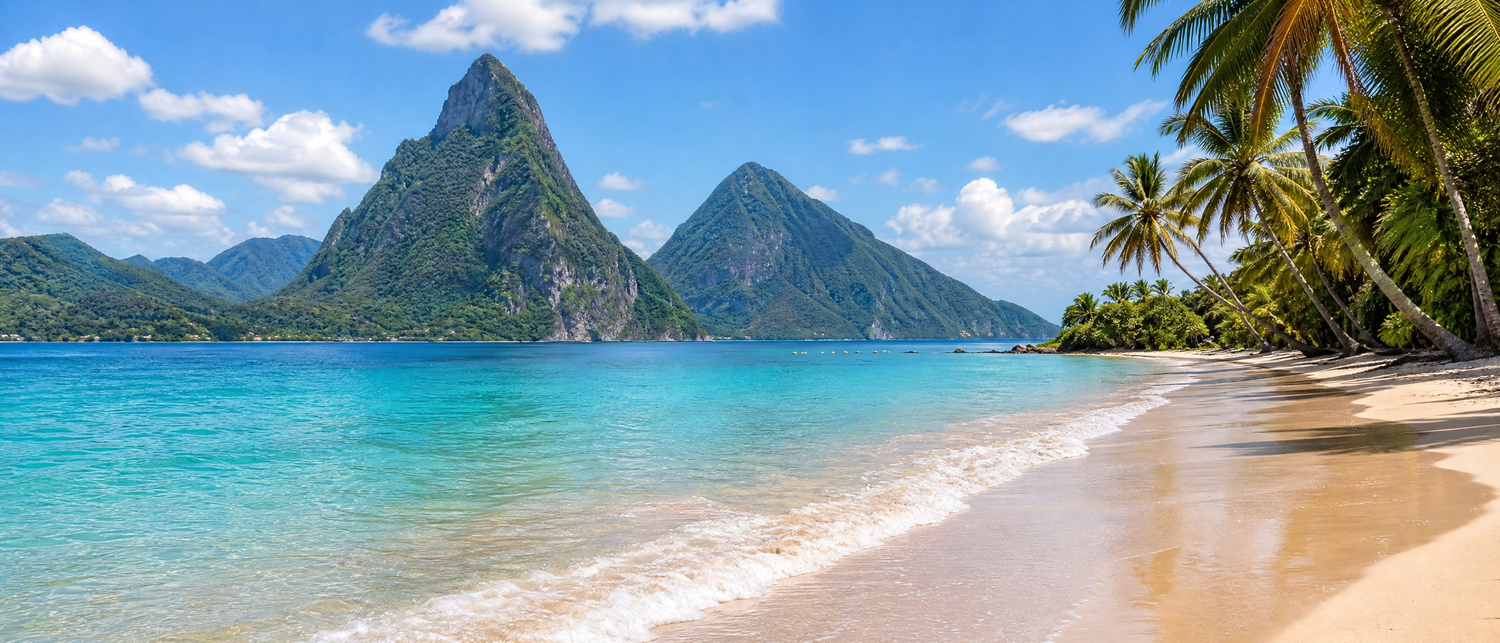 Pristine Caribbean beach with turquoise water, palm trees, and twin Piton mountains in St. Lucia.