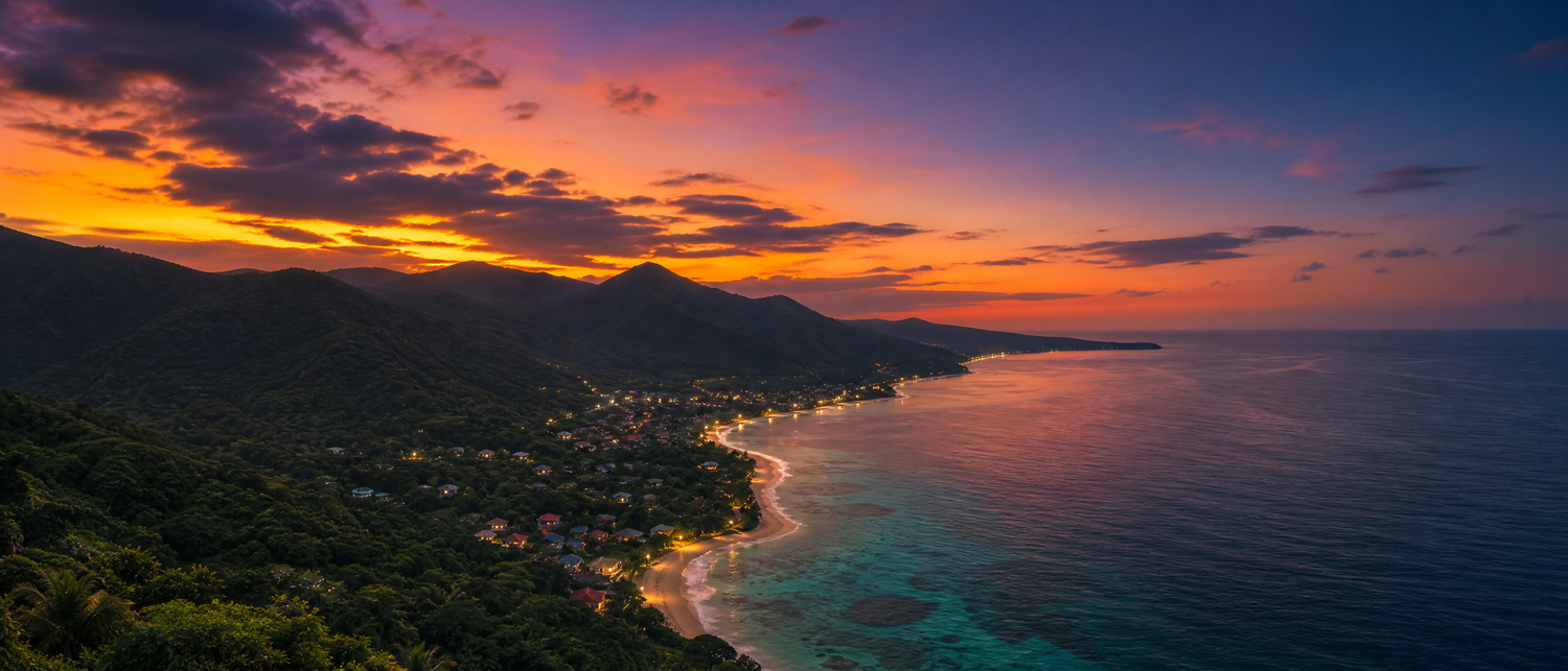 Panoramic aerial sunset view of tropical coastal village with mountains and glowing orange sky.